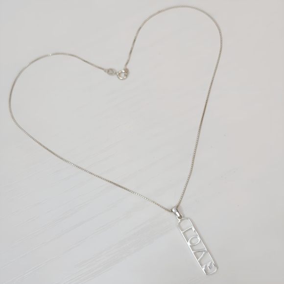 SU Sterling Silver Open work LOVE Bar Pendant Necklace Thailand 17" - Picture 11 of 13